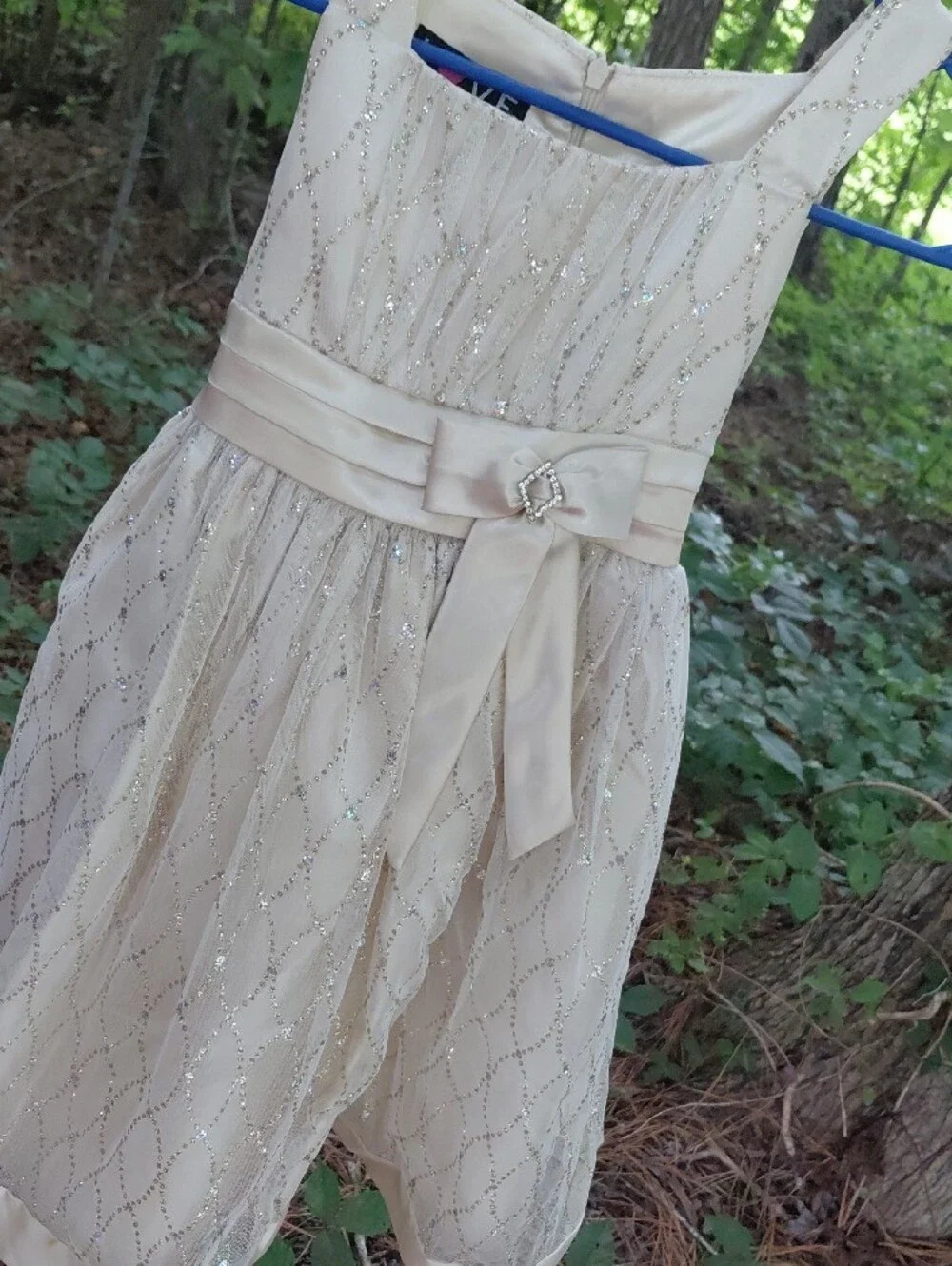 Girls' Ivory Satin & Sequin Party Dress with Bow